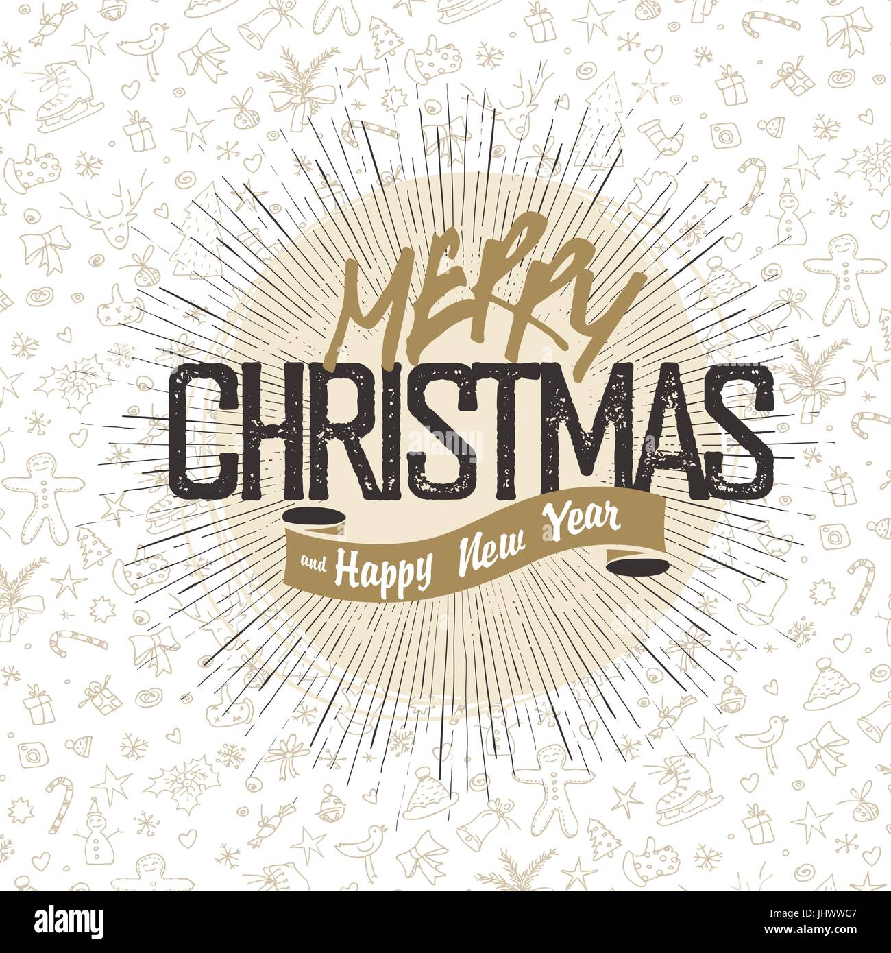 Weihnachten Gruß auf Seite Hintergrund gezeichnet. Retro-Frohe Weihnachten Kartendesign. Vintage Frohe Weihnachten-Poster-Design mit nahtlosen handgezeichnete ic-Linie Stock Vektor