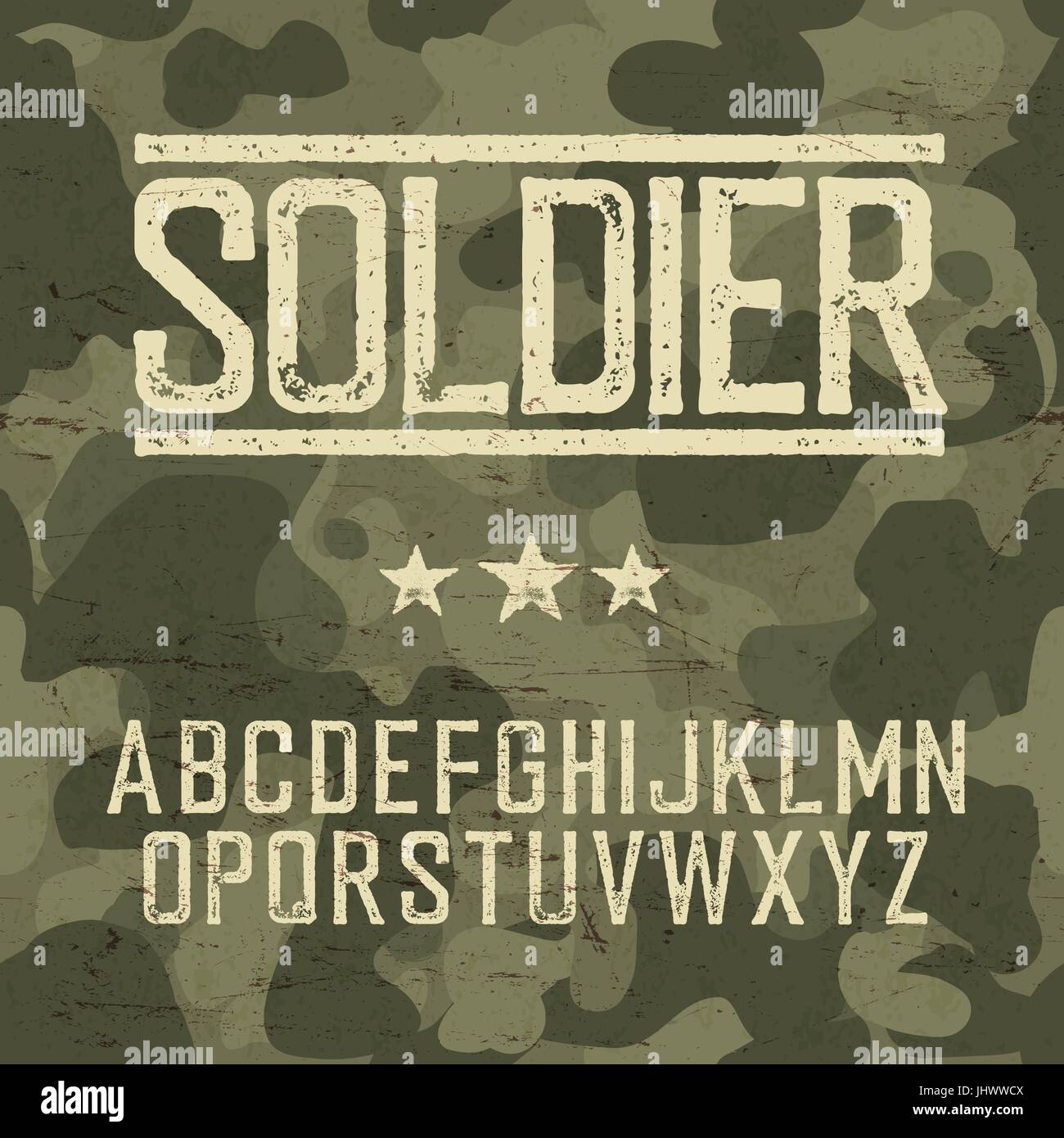 Soldat-Alphabet. Militärische Deisgn Satz. Armee-Design-Elemente. Militärische Tarnung Musterdesign. Klassische Grunge Stern. Grunge Kratzer Textur backg Stock Vektor