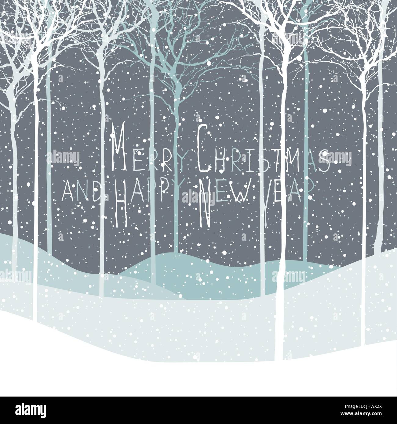 Frohe Weihnachten-Postkarte. Ruhige Winterlandschaft. Vektor-Hintergrund mit weißen Baum Silhouetten unter Schneefall. Winterwald zu beruhigen. Schneefall Stock Vektor