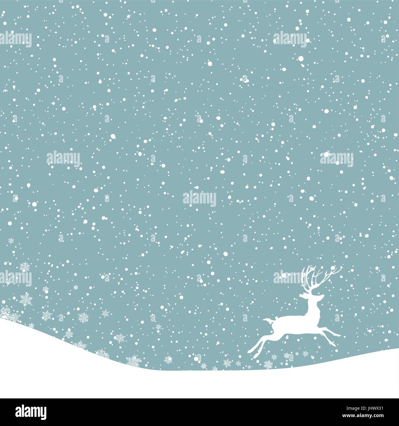 Weihnachts-Postkarte. Vektor-Hintergrund mit weißen Hirschen unter Schneefall Stock Vektor