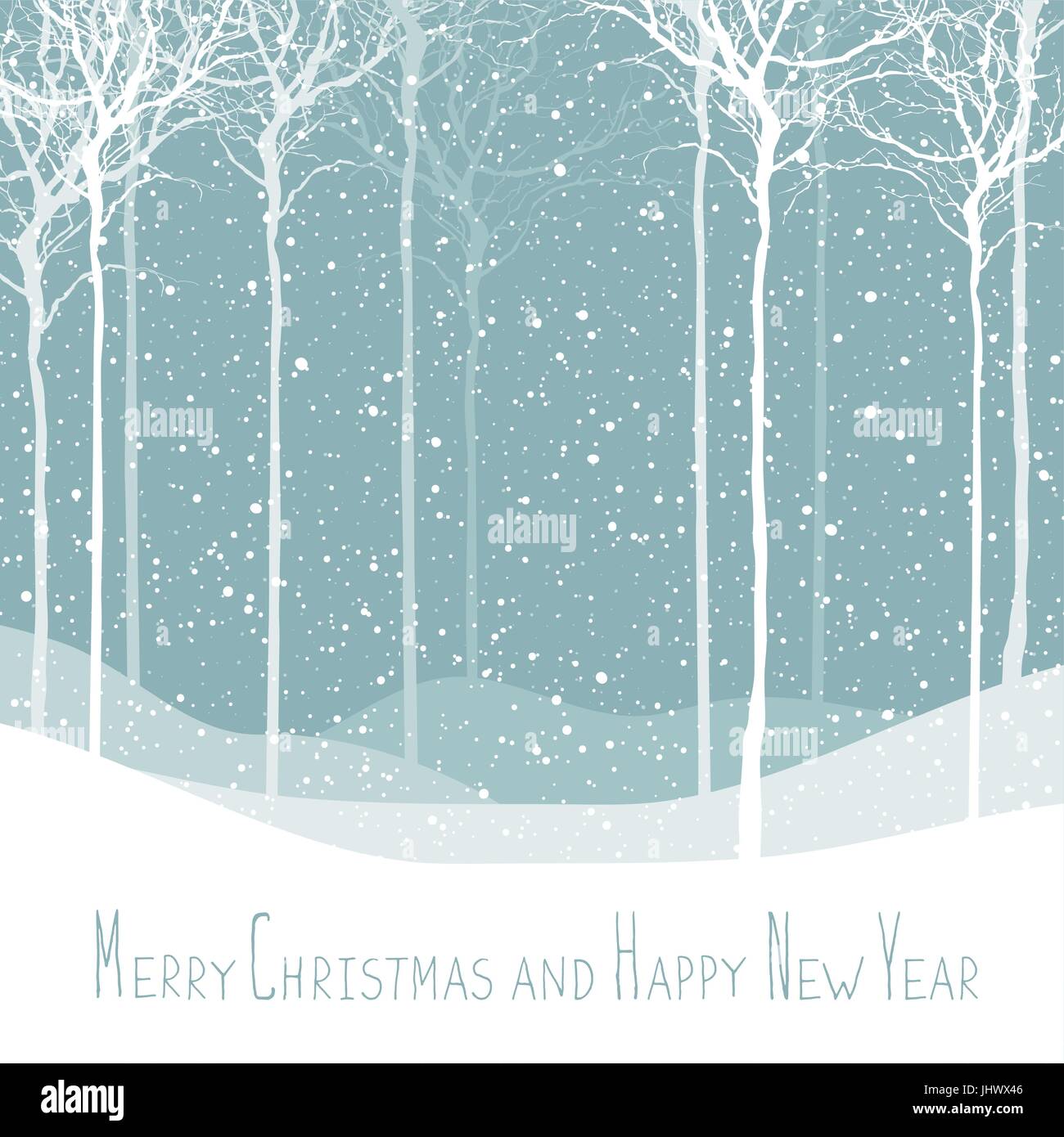 Frohe Weihnachten-Postkarte. Ruhige Winterlandschaft. Vektor-Hintergrund mit weißen Baum Silhouetten unter Schneefall. Winterwald zu beruhigen. Schneefall Stock Vektor