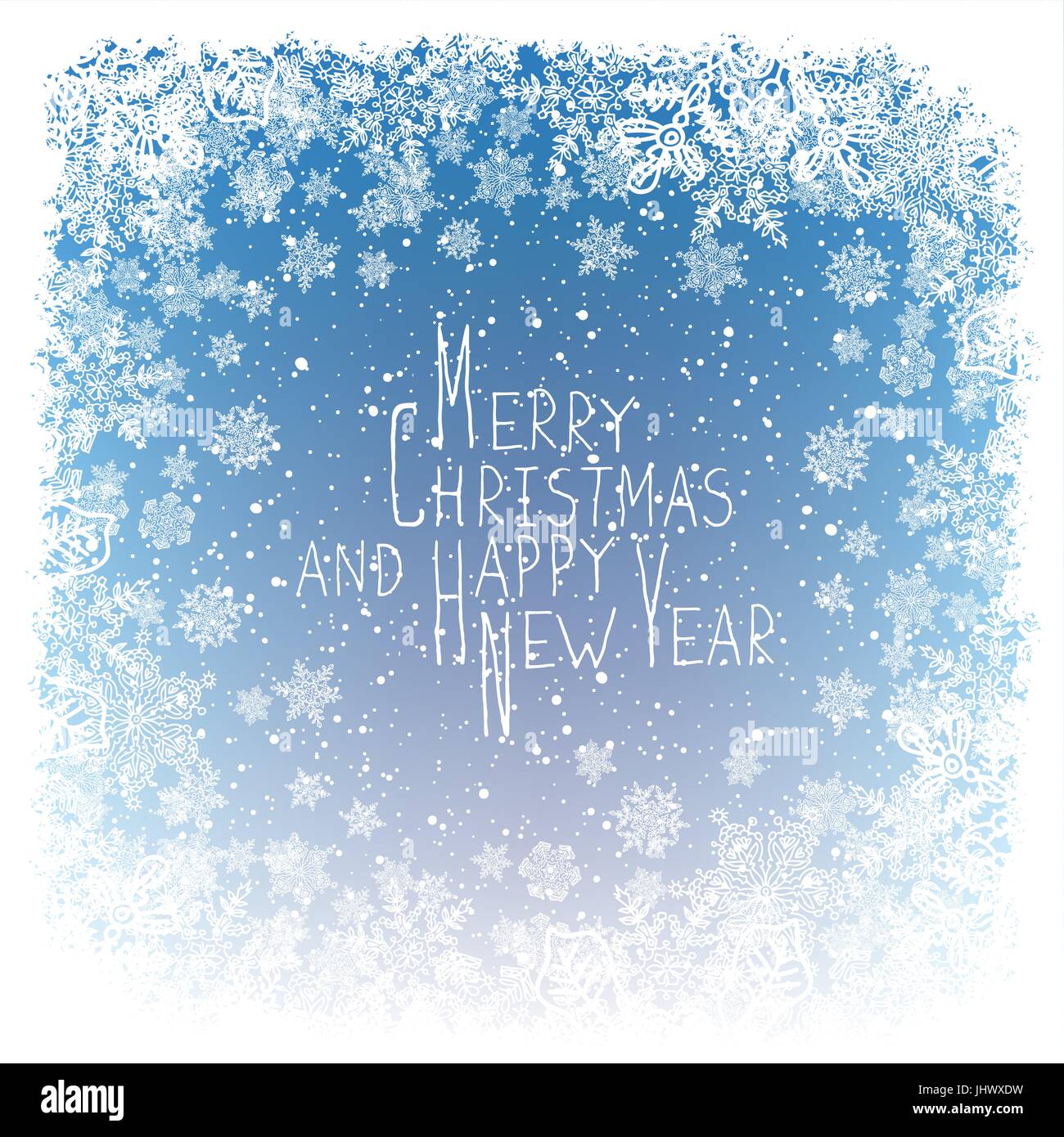Frohe Weihnachtsgruß. Neujahrs Postkartendesign. Frost-Ornament-Grenze und Schneeflocken. Blaue Winter Schneefall Hintergrund Stock Vektor