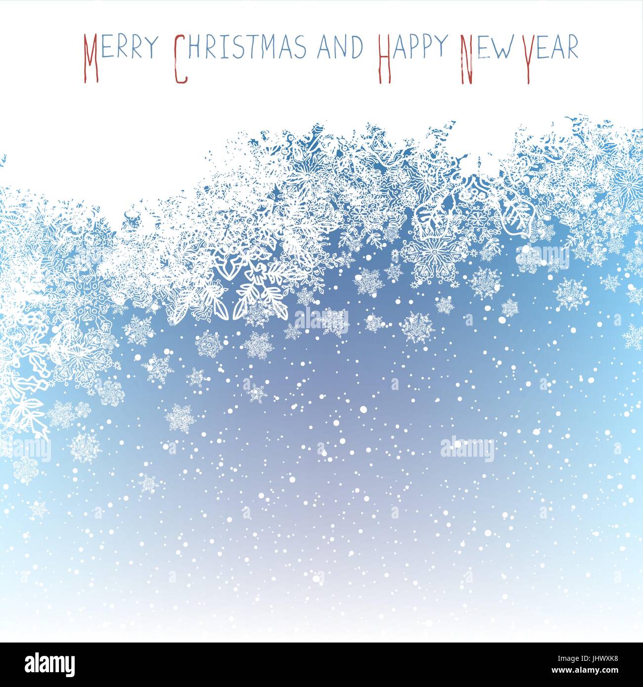 Weihnachts-Postkarte. Neujahrsgrüße. Isoliert auf den Kopf-Bereich für Gruß. Blaue Winter Schneefall Hintergrund. Vektor-Illustration. Stock Vektor