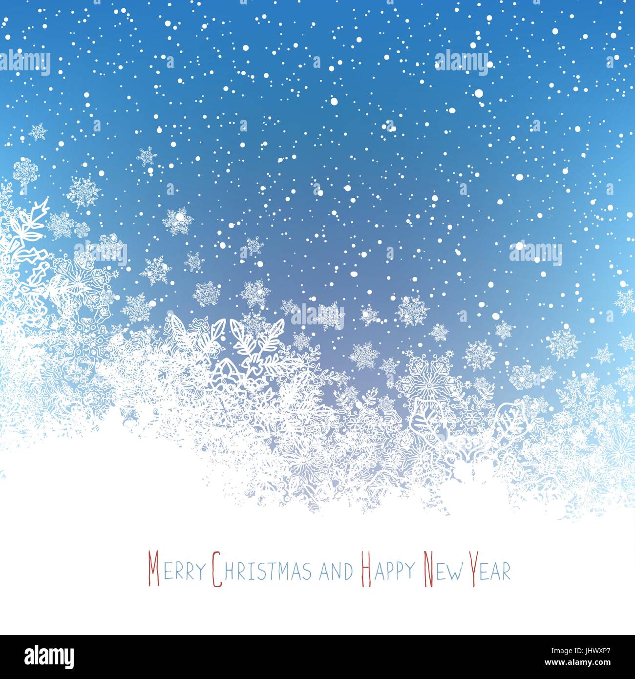 Weihnachts-Postkarte. Neujahrsgrüße. Isolierte Nachteil Bereich für Gruß. Blaue Winter Schneefall Hintergrund. Vektor-Illustration. Stock Vektor