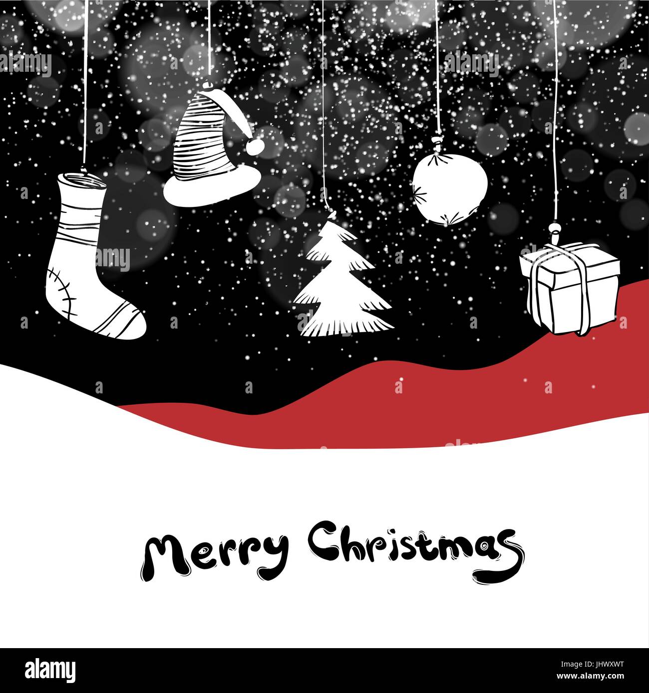 Frohe Weihnachten-Postkarte. Weihnachtsgeschenke und Ball. Vektor schwarzen Hintergrund mit Schneefall-Effekt. Stock Vektor