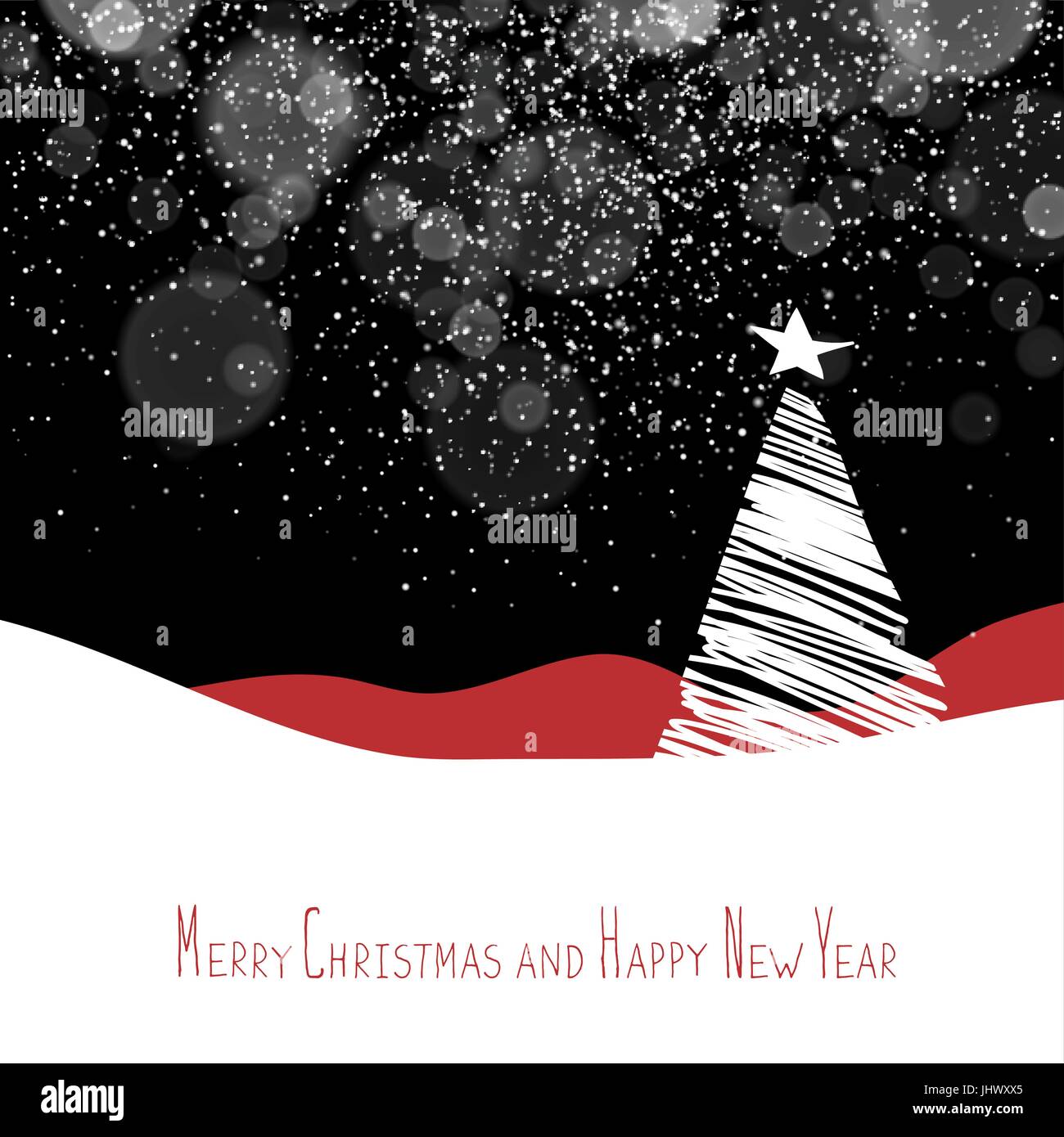 Frohe Weihnachten und Happy New Year Postkarte. Weihnachtsbaum. Xmas-Postkarte-Vorlage. Vektor-Hintergrund mit weißen Baum Silhouetten unter Schneefall. Stock Vektor