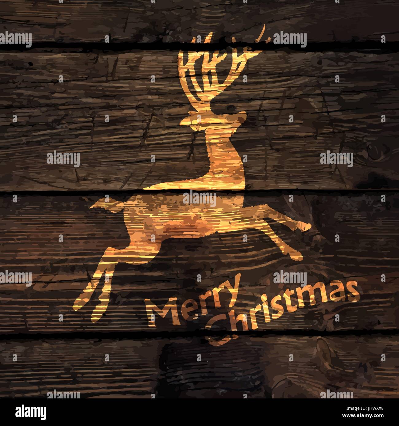 Weihnachtsgrußkarte mit glänzendem Gold Hirsch Silhouette auf Holztextur Hintergrund. Vektor-illustration Stock Vektor