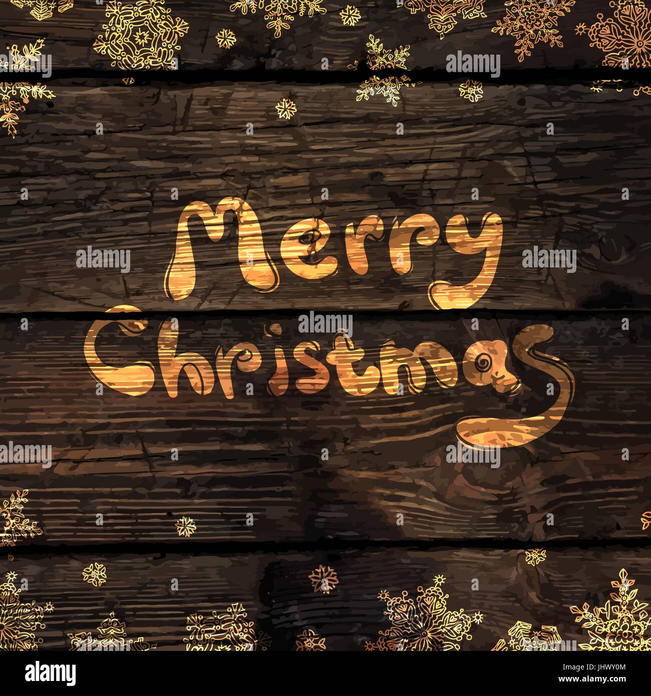 Weihnachtsgrußkarte mit glänzendem Gold Schneeflocken auf Holztextur abstrakten Hintergrund. Vektor-illustration Stock Vektor