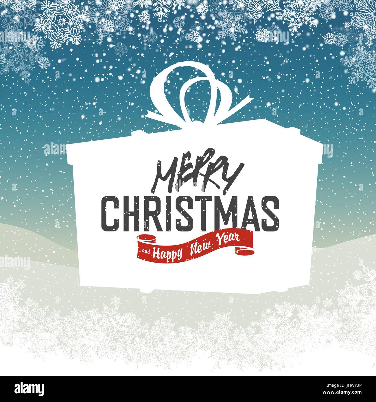 Wir wünschen Ihnen einen sehr frohe Weihnachten und Happy New Year-Schriftzug in Kastenform Geschenk Weihnachten. Auf einem Hintergrund magische Nacht mit Schneefall und Lichteffekten. Stock Vektor