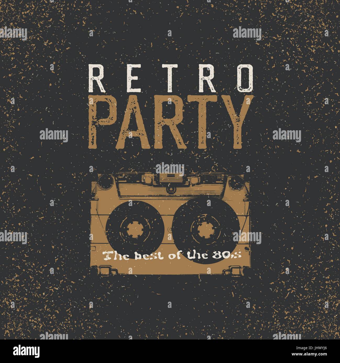 Retro-Party. Das beste der 80er Jahre. Vintage Music Party Flyer Vorlage. Schwarz und Beige Farben. Audiokassette Retro-Bild negativ. Grunge, Vintage, text Stock Vektor