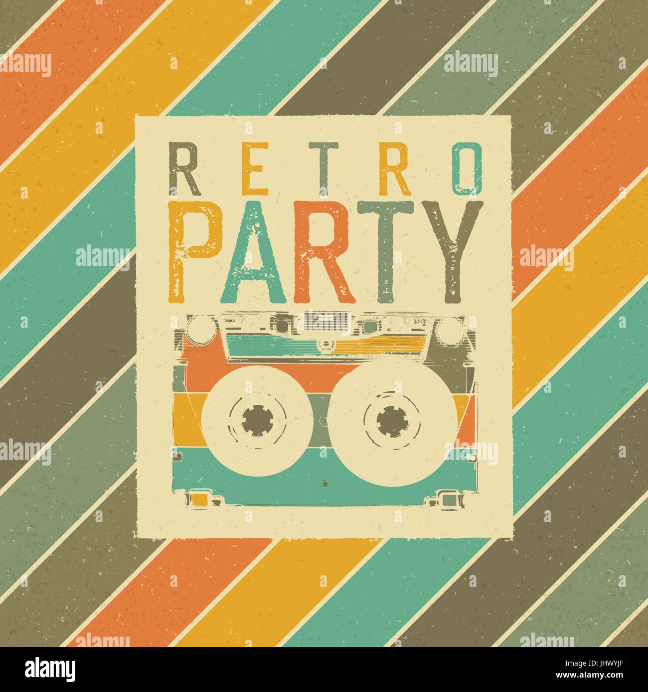 Retro-Party. Das beste der 80er Jahre. Vintage Music Party Flyer Vorlage. Retro-Farben. Audiokassette Retro-Bild. Grunge, Vintage, strukturierte Abbildung. Stock Vektor