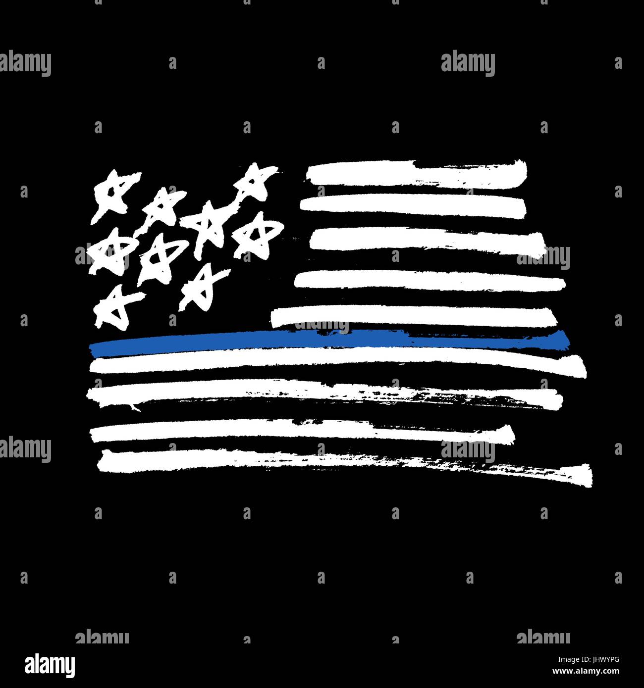 Handgezeichnete amerikanische Flagge "Thin blue Line" Monochrome Darstellung. Mit dem Pinsel gemalt. Isoliert auf schwarz. Stock Vektor