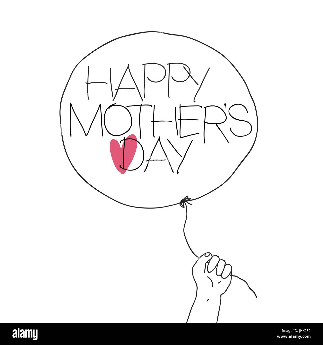 Kind halten Sie den Faden des Ballons mit Text und Herz Zeichen Gruß. Vektor-Illustration der Umriss skizzieren Muttertag mit roten und handgezeichneten Text er Stock Vektor