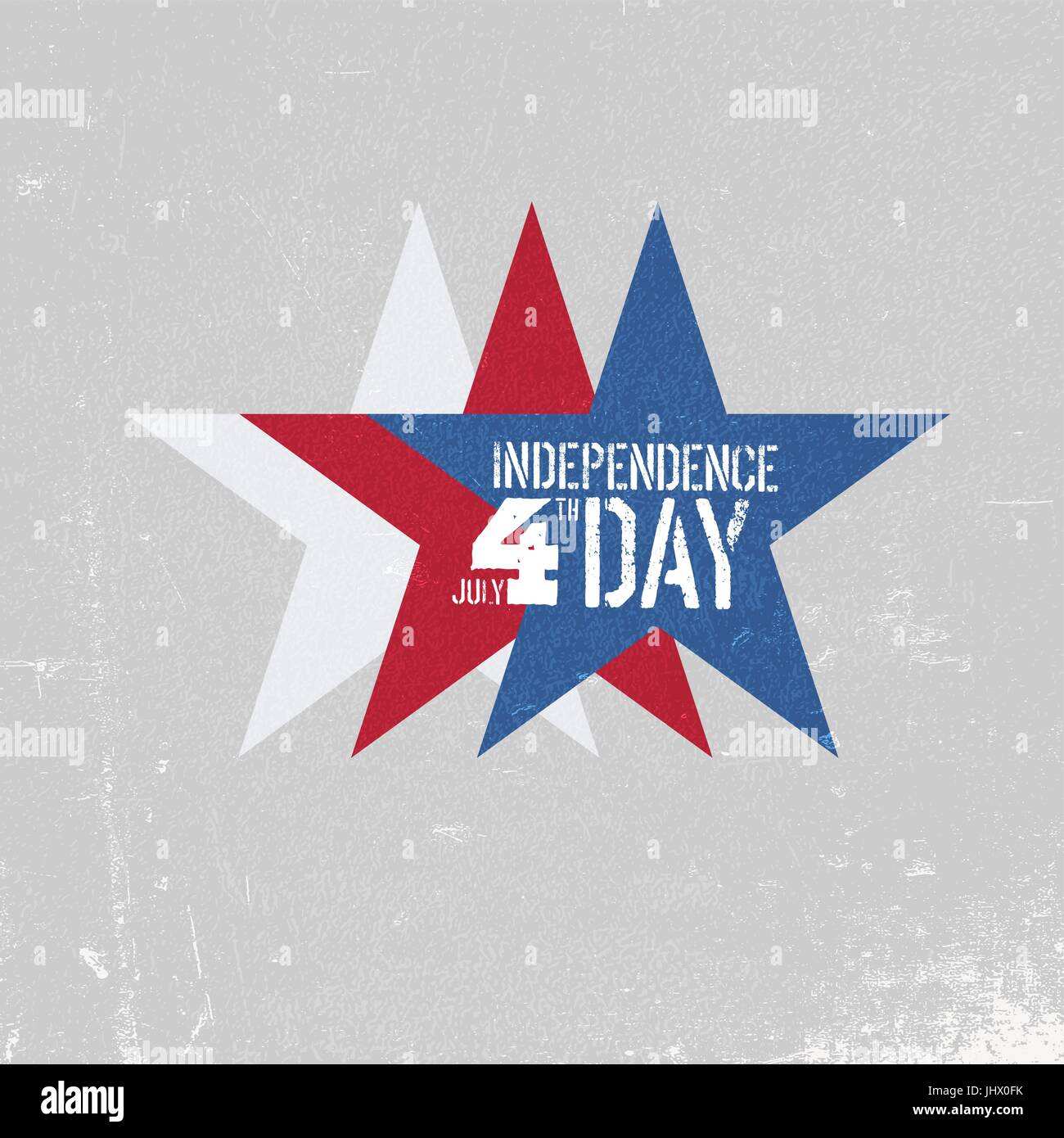 Independence Day-Grußkarte. Patriotische Entwurfsvorlage. Drei Sterne in rot, weiß, blau gefärbt. Grunge Texturen in Schichten und kann bearbeitet werden. Stock Vektor