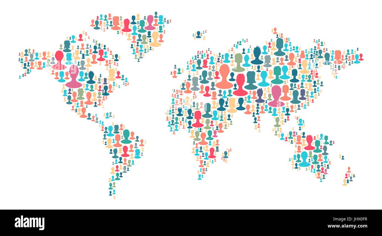 Die Karte der Welt von vielen Menschen Silhouetten. Sammlung von verschiedenen Personen Porträts als Welt Karte Form platziert. Weltkarte aus Larg gemacht Stock Vektor