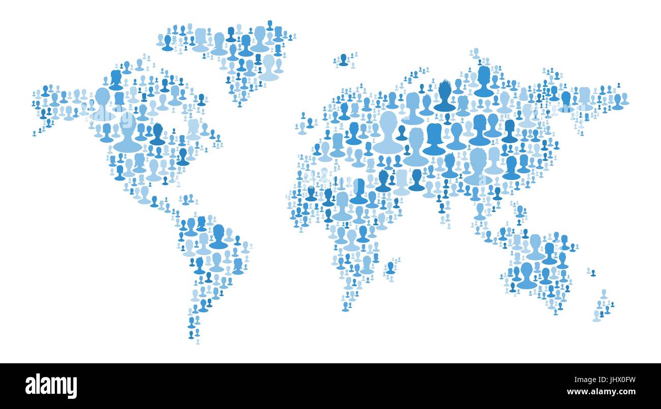 Die Karte der Welt von vielen Menschen Silhouetten. Sammlung von verschiedenen Personen Porträts als Welt Karte Form platziert. Weltkarte aus Larg gemacht Stock Vektor