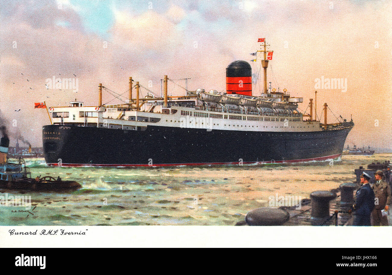 Postkarte von der Cunard-Schiff R.M.S Ivernia. Die RMS Ivernia wurde im Jahre 1954 ins Leben gerufen. Ihr Name wurde nach der RMS-Franken 1963 geändert. 1973 wurde sie verkauft an die Sowjetunion und S.S. Fedor Schaljapin umbenannt. In Indien verschrottet im Jahr 2004. Stockfoto