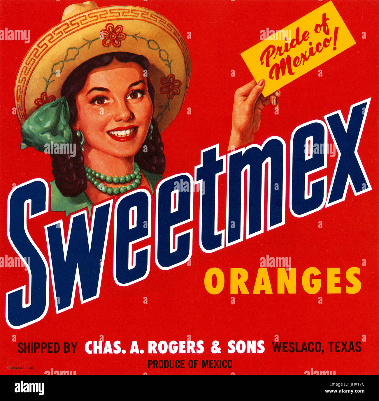 Vintage U.S. Sweetmex Orangen Kiste Label. Stockfoto