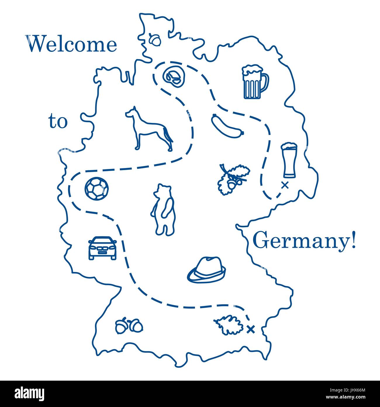 Vector Illustration mit verschiedenen Symbolen in Deutschland. Reisen und Freizeit. Design für Banner, Poster oder Drucken. Stock Vektor