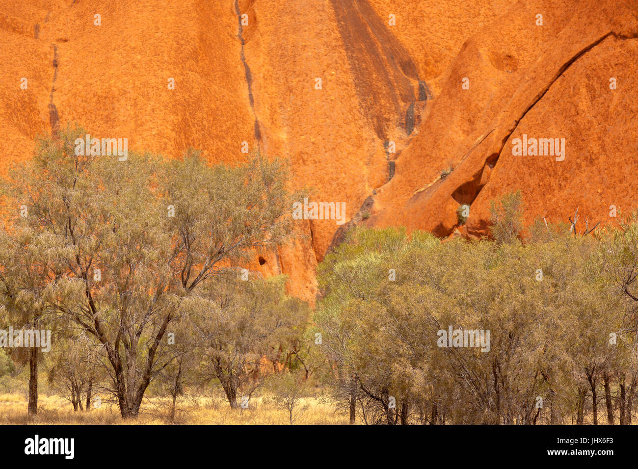 Uluru, (Ayers Rock), schließen Sie die Aussicht auf die verschiedenen Bereiche rund um Uluru, Steingarten, Wasserstellen, Pfade, Felsen, Höhlen, Wasserfall Wanderwege, Vegetation ich Stockfoto