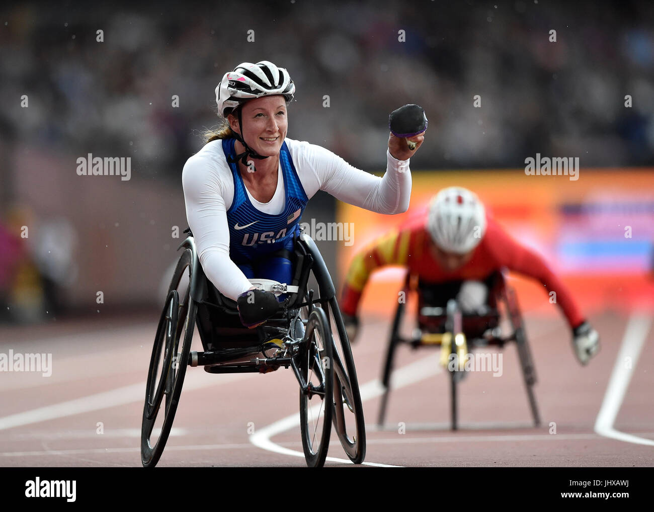 London, UK. 16. Juli 2017. Jemima Moore (USA) im Frauen 400M (T34, R1, H2) während Welt Para Leichtathletik Meisterschaften London 2017 London Stadium am Sonntag. Foto: Taka G Wu Credit: Taka Wu/Alamy Live-Nachrichten Stockfoto