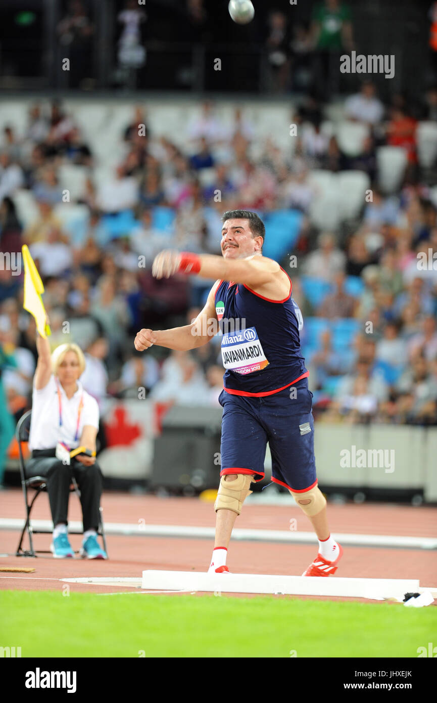 London, UK. 16. Juli 2017. Seyed Aliasghar Javanmardi (IRI) der Schuss zu werfen, während die Männer Kugelstoßen F35 Finale bei den Para Leichtathletik-Weltmeisterschaften in London Stadium, Queen Elizabeth Olympic Park. Javanmardi gewann Bronze im Finale mit einem Wurf von 15,13 m eine neue persönliche Bestleistung. Bildnachweis: Michael Preston/Alamy Live-Nachrichten Stockfoto