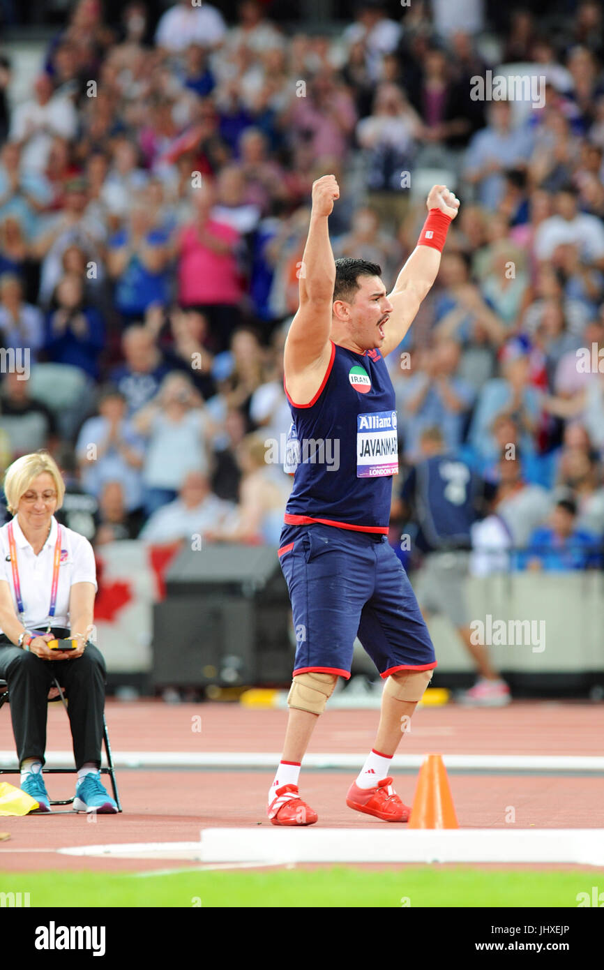 London, UK. 16. Juli 2017. Seyed Aliasghar Javanmardi (IRI) schreien nach den Schuss zu werfen, während die Männer Kugelstoßen F35 Finales bei den Para Leichtathletik-Weltmeisterschaft in London Stadium, Queen Elizabeth Olympic Park. Javanmardi gewann Bronze im Finale mit einem Wurf von 15,13 m eine neue persönliche Bestleistung. Bildnachweis: Michael Preston/Alamy Live-Nachrichten Stockfoto