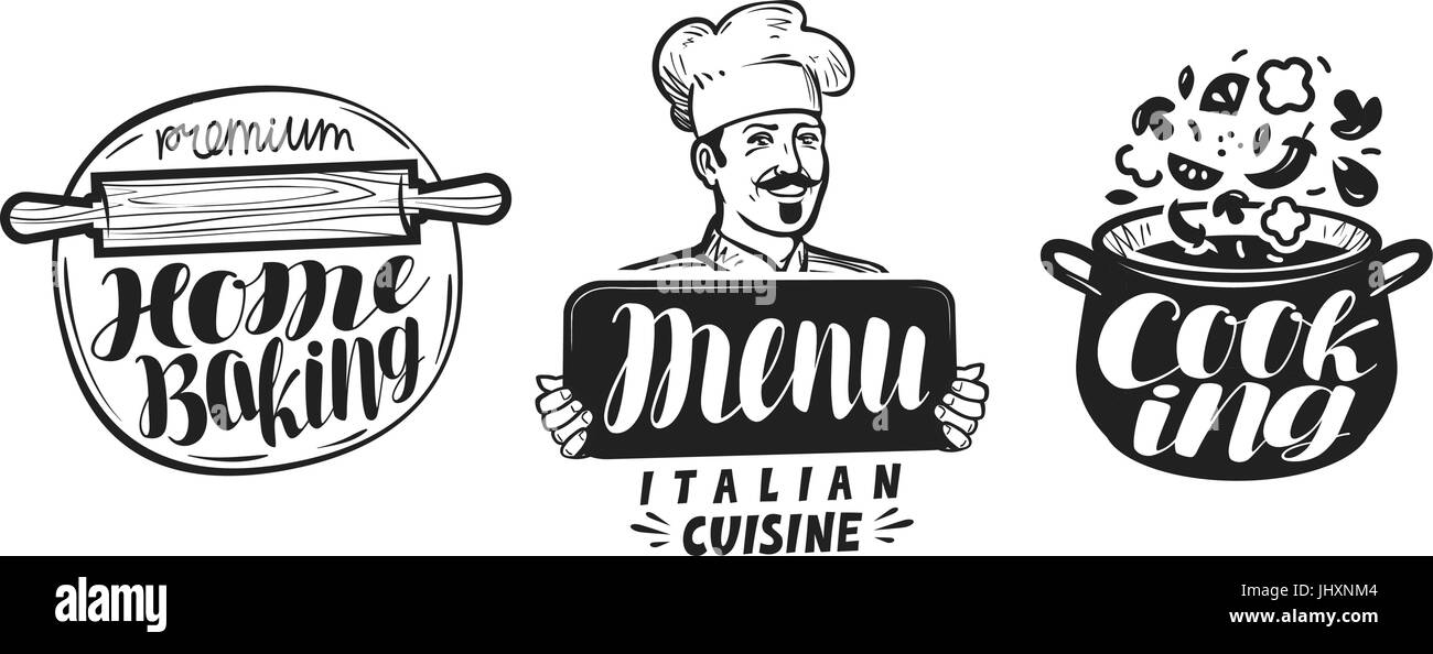 Kochen und Küche-Logo. Symbol und Beschriftung für Design-Menü Restaurant oder Café. Handgeschriebene Schrift, Kalligraphie-Vektor-illustration Stock Vektor