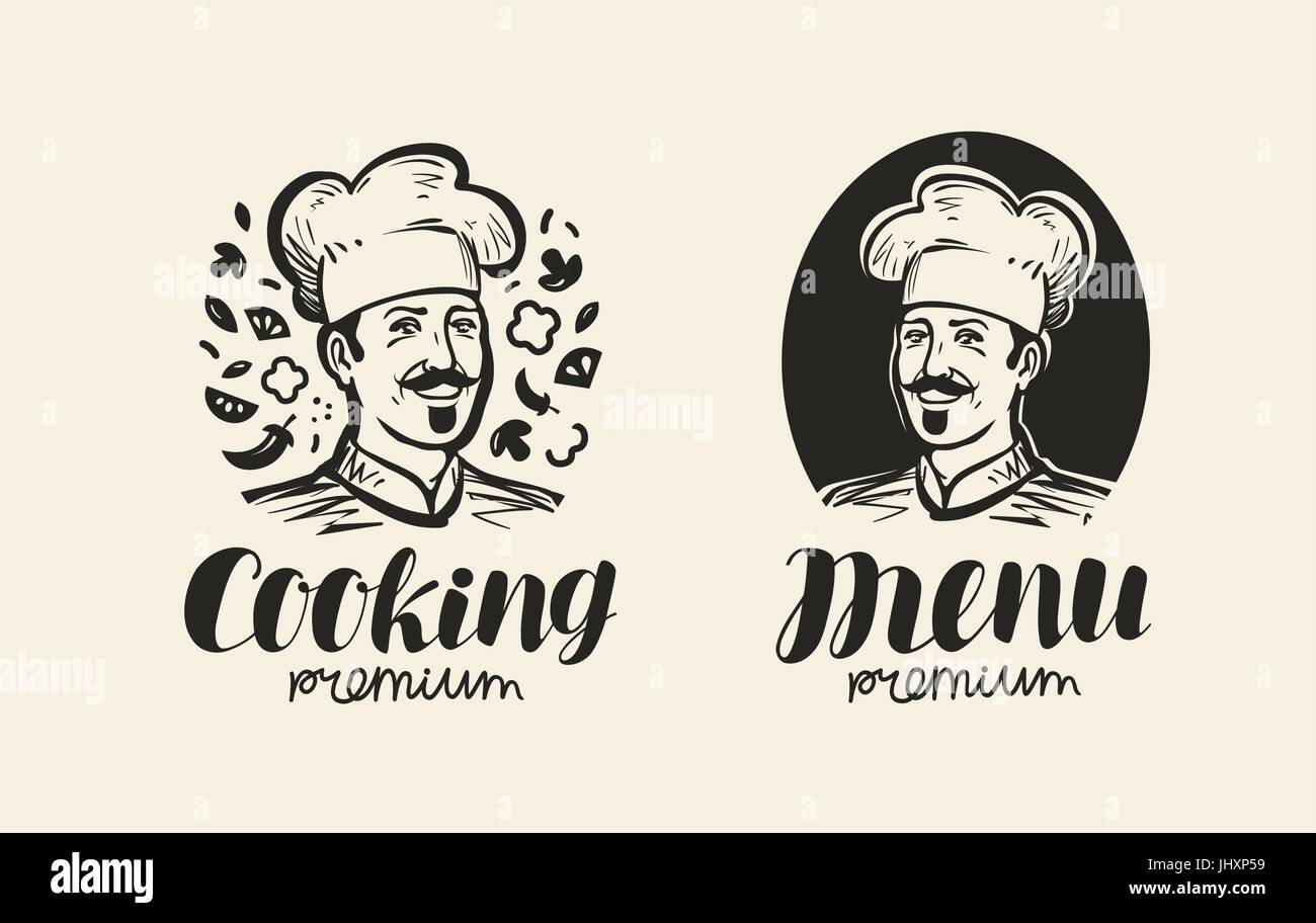 Porträt von happy Chef Logo. Symbol und Beschriftung für Design-Menü Restaurant oder Café. Schriftzüge, Kalligraphie Vektor-illustration Stock Vektor
