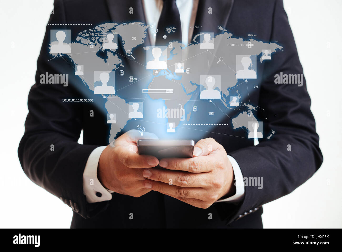 Kommunikations-Technologie-Konzept mit dem Geschäftsmann Stockfoto