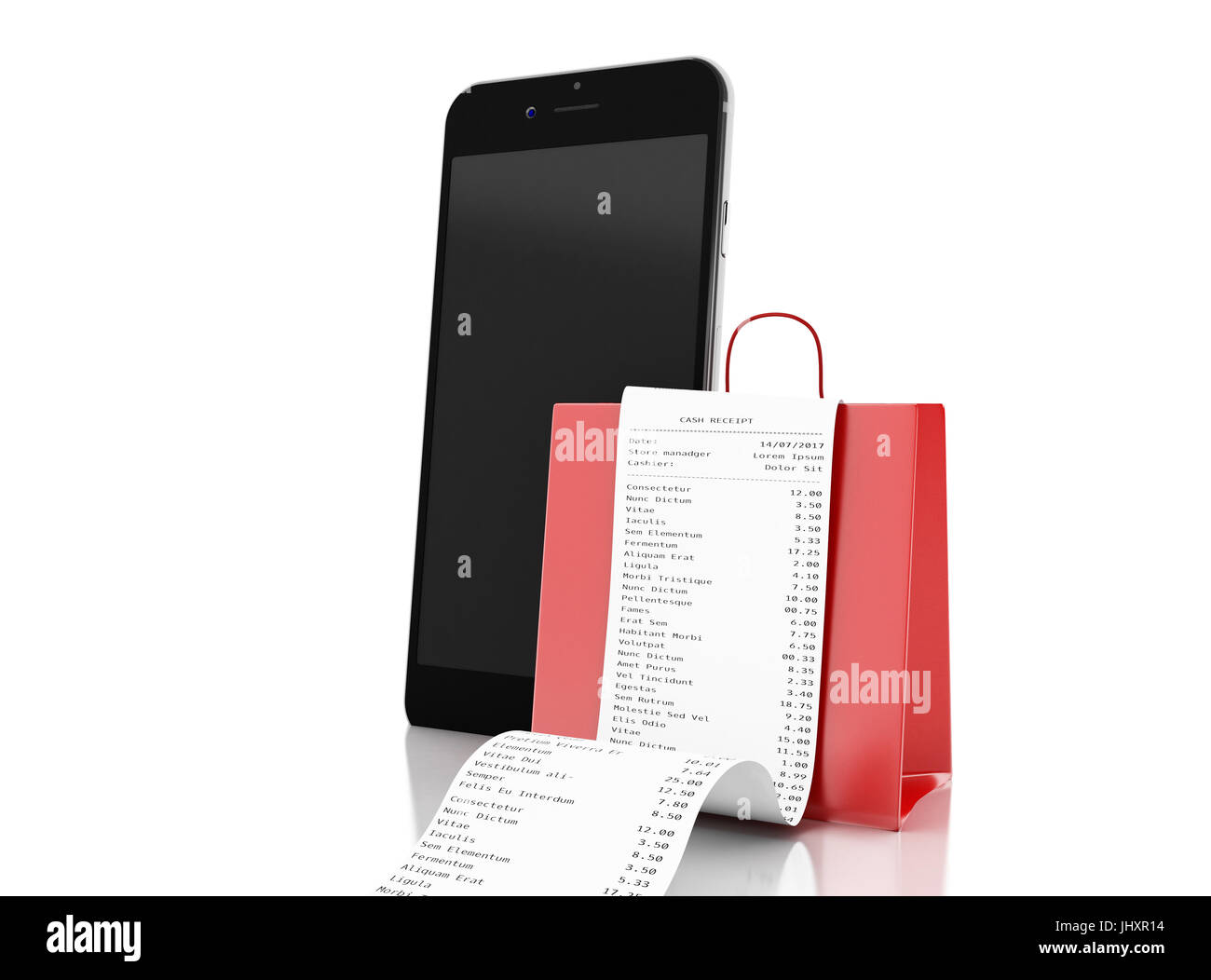 3D Illustration. Einkaufstasche mit Shop Eingang mit Smartphone. Kauf-Konzept. Isolierten weißen Hintergrund Stockfoto