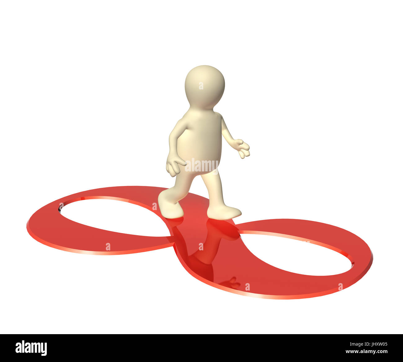 3D Mann, geht auf ein Zeichen unendlich von roter Farbe. Isoliert auf weißem Hintergrund. 3D render Stockfoto