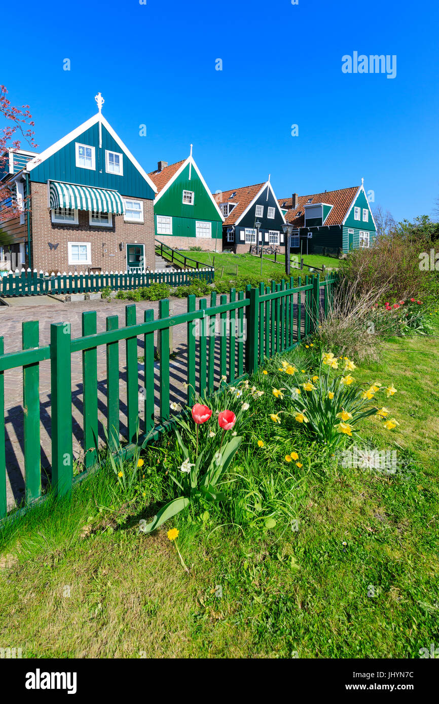 Typischen Holzhäusern, umrahmt von Wiesen und Blumen im Dorf von Marken, Waterland, Nord Holland, Niederlande, Europa Stockfoto