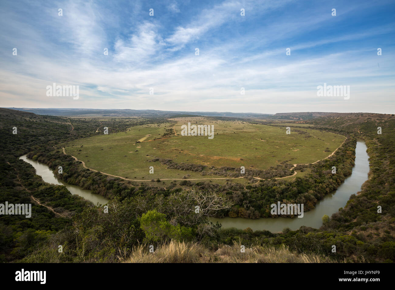 Die Ebenen des Amakhala Game Reserve umgeben von Bushmans River, Eastern Cape, Südafrika, Afrika Stockfoto