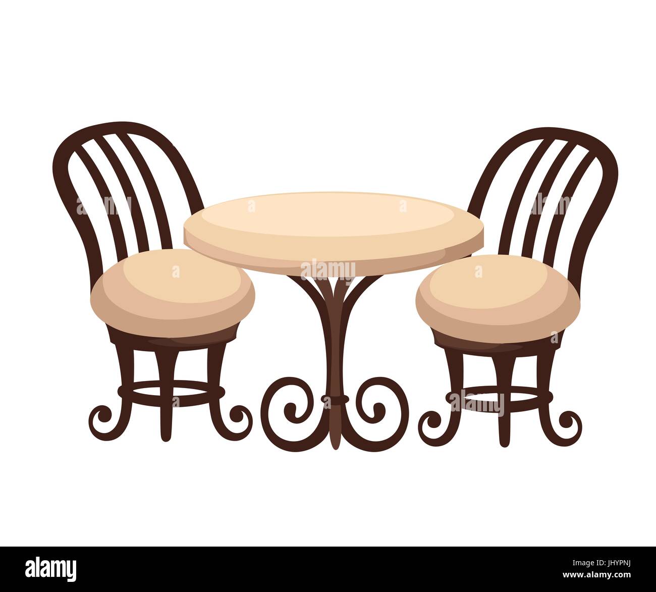 Runder Esstisch für zwei Personen mit weißem Tuch und rote Holzstühle. Flache Darstellung. Webseite und Design der mobile app Stock Vektor
