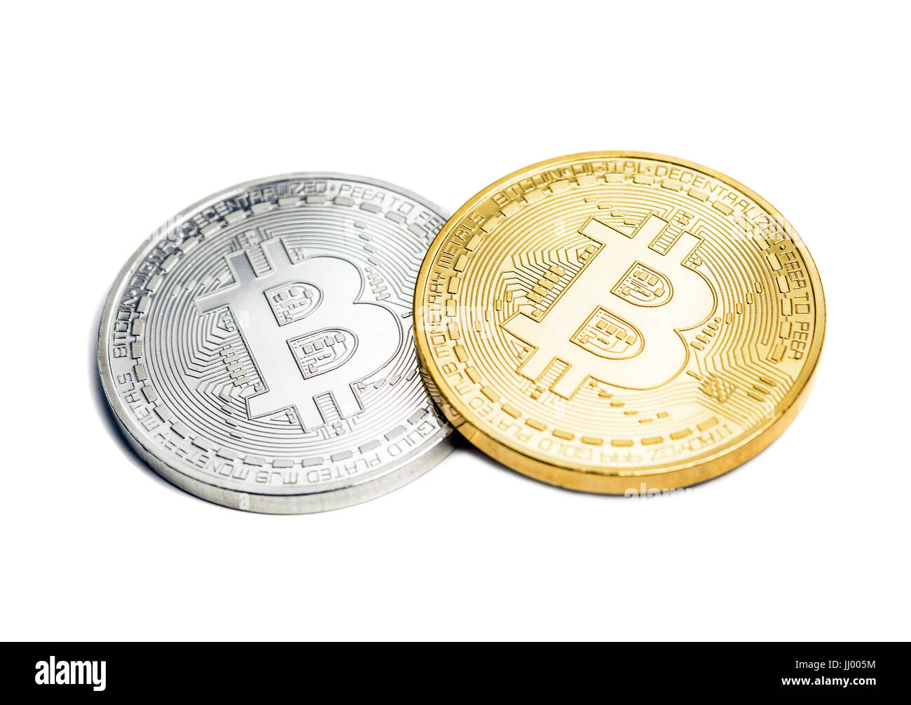 Bitcoin Cypto virtuelles Geld isoliert auf weiss Stockfoto