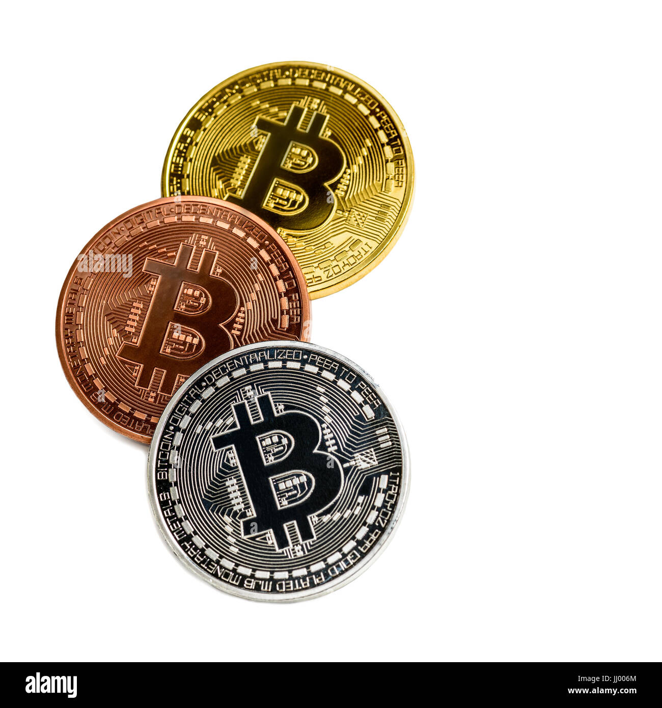 Bitcoin Münzen auf weißem Hintergrund Stockfoto