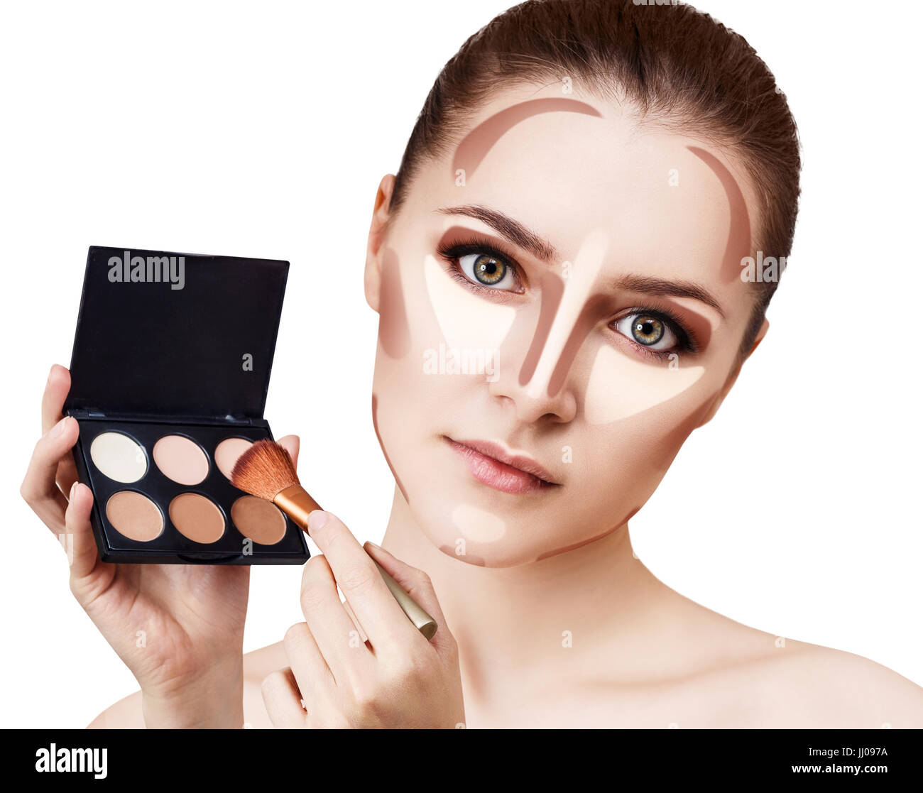 Junge Frau mit Palette zur Konturierung Gesicht. Stockfoto