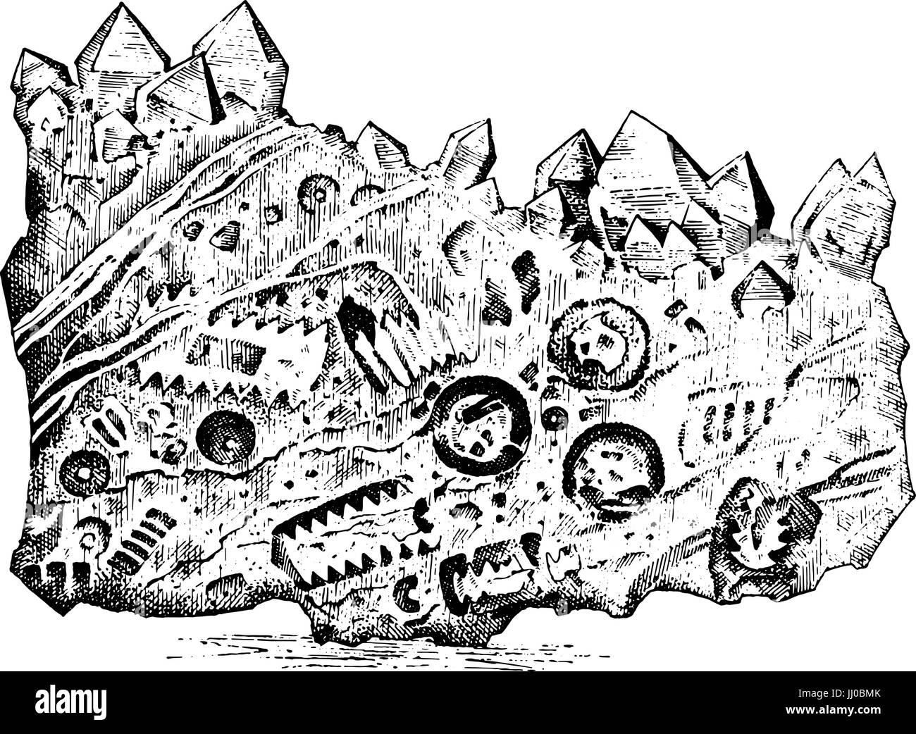 Versteinerte Pflanzen, Steinen und Mineralien, Kristalle, Urzeittiere, Archäologie oder Paläontologie. Fragment-Fossilien. gravierte handgezeichnete im alten Skizze und Vintage-Stil. Stock Vektor