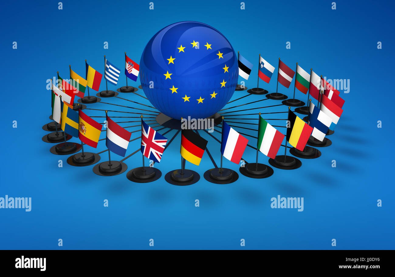 EU-Flaggen und internationale Business-Beziehungen-Netzwerk in der Europäischen Union konzeptionelle 3D Darstellung. Stockfoto