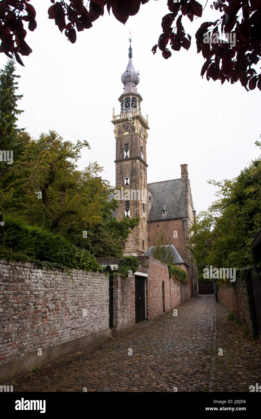 Europa, Niederlande, Zeeland, das Dorf Veere auf der Halbinsel Walcheren, Blick von einer Spur auf das historische Rathaus am Marktplatz. Stockfoto