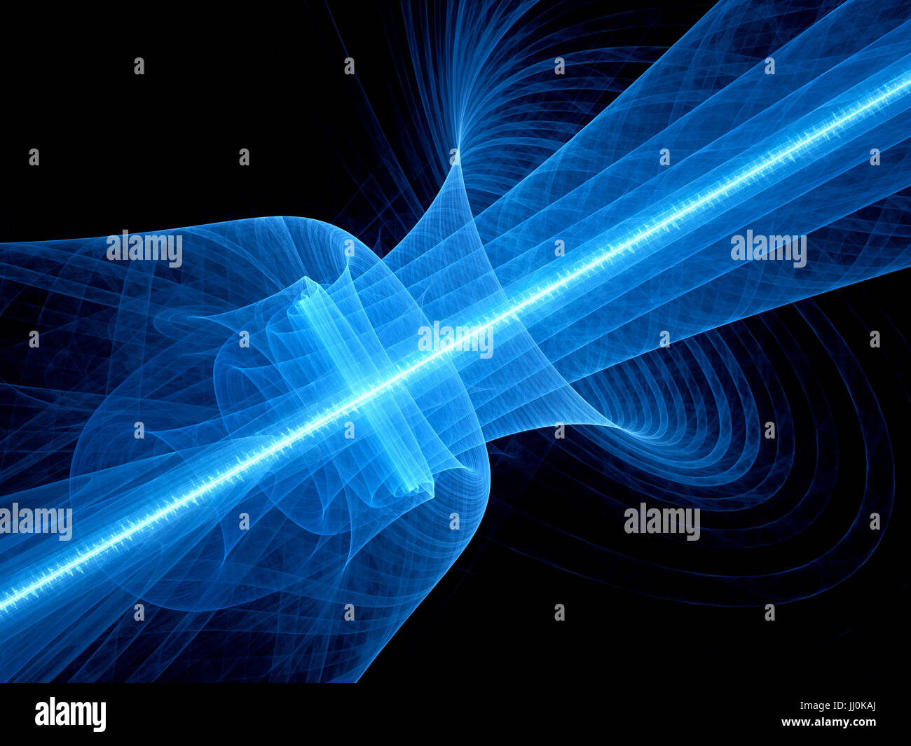 Blau leuchtende Quantenlaser im Raum mit gewellter Balken, computergenerierten abstrakten Hintergrund 3D-Rendering Stockfoto