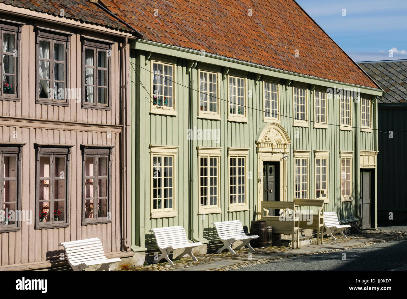 Traditionelle norwegische alte Holzbauten in Sverresborg Trøndelag Volksmuseum. Trondheim, Sør-Trøndelag, Norwegen, Scandinavia Stockfoto