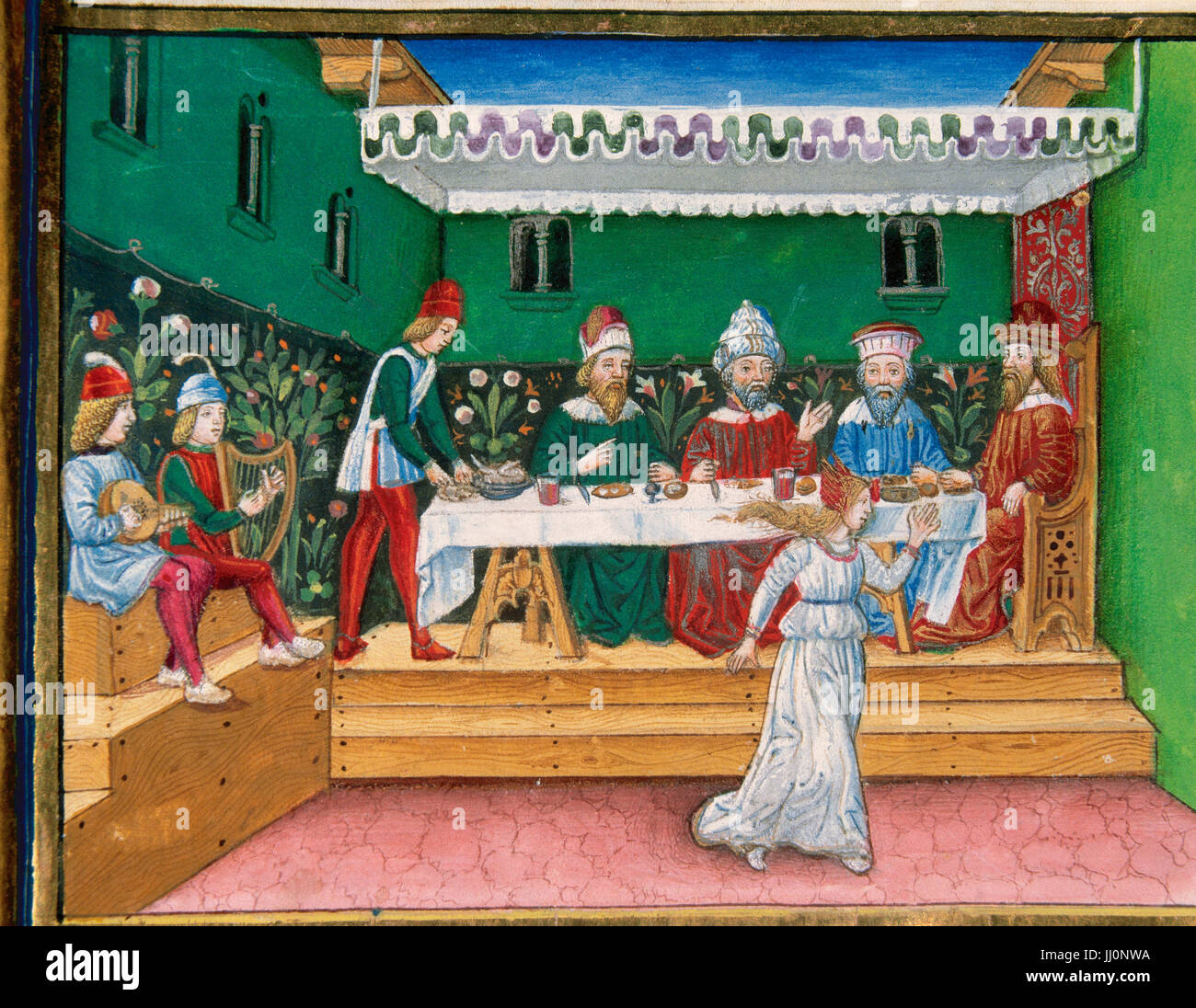 Herodes Festmahl. Tanz der Salome. Codex der Predis (1476). Königliche Bibliothek. Turin. Italien. Stockfoto