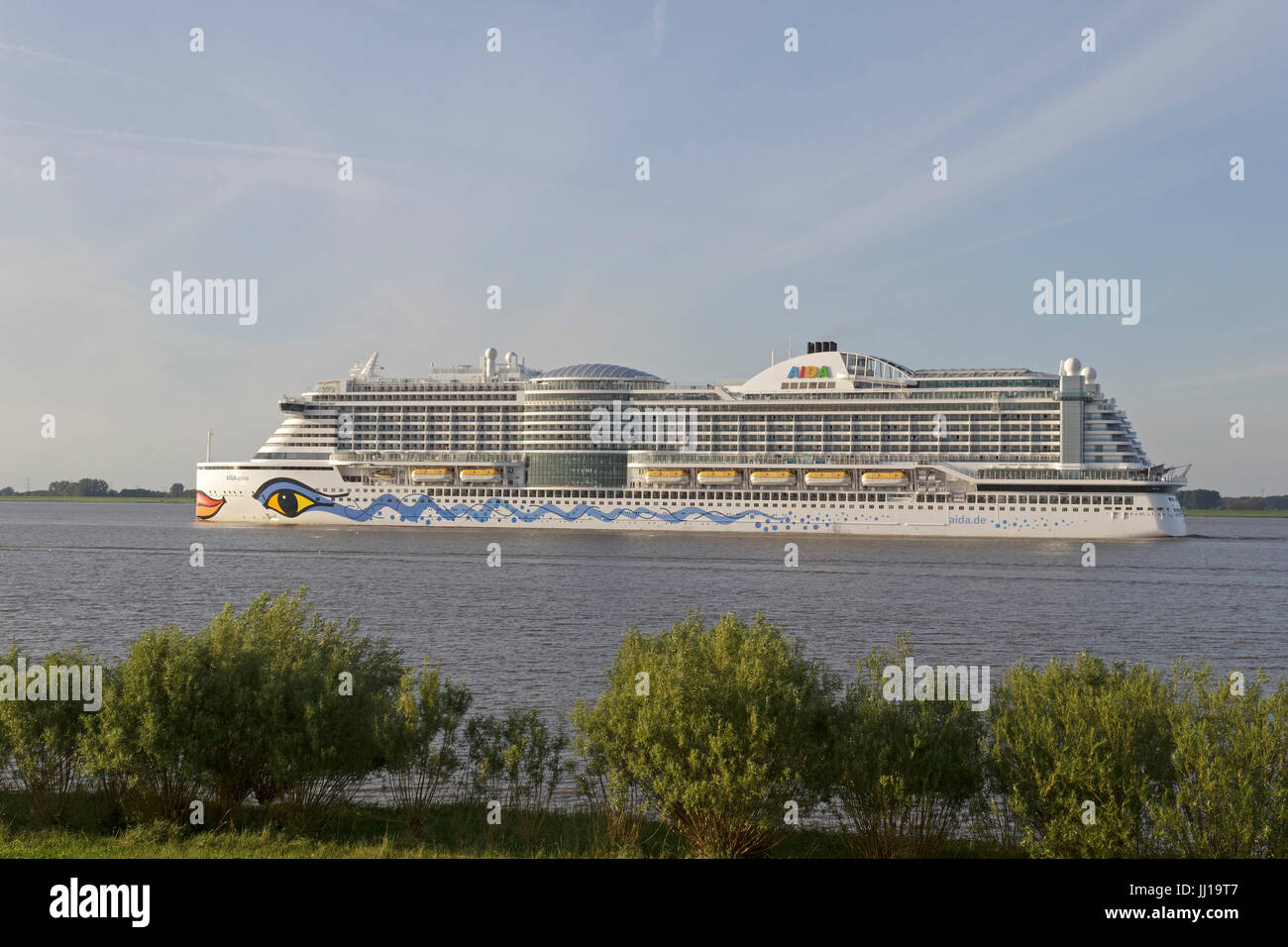 Kreuzfahrtschiff Aida Prima auf Elbe in der Nähe von Luehe, Altes Land, Niedersachsen, Deutschland Stockfoto