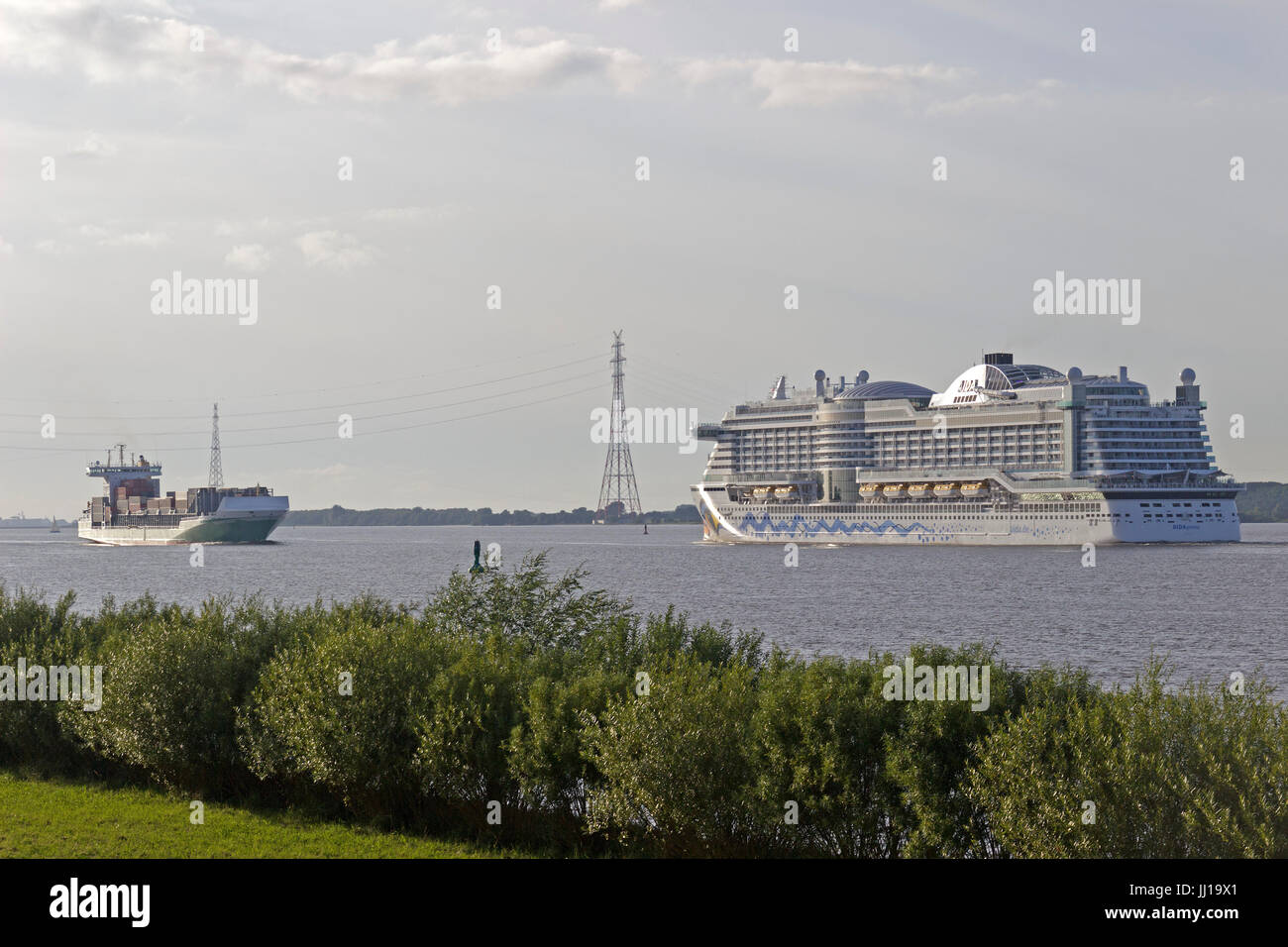 Kreuzfahrtschiff Aida Prima auf Elbe in der Nähe von Luehe, Altes Land, Niedersachsen, Deutschland Stockfoto