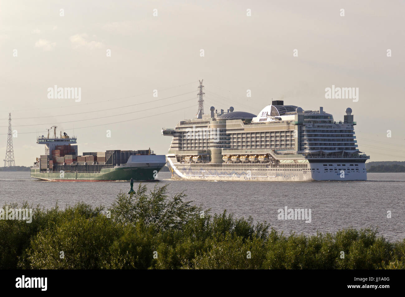 Kreuzfahrtschiff Aida Prima auf Elbe in der Nähe von Luehe, Altes Land, Niedersachsen, Deutschland Stockfoto