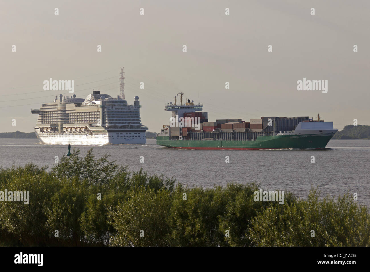 Kreuzfahrtschiff Aida Prima auf Elbe in der Nähe von Luehe, Altes Land, Niedersachsen, Deutschland Stockfoto