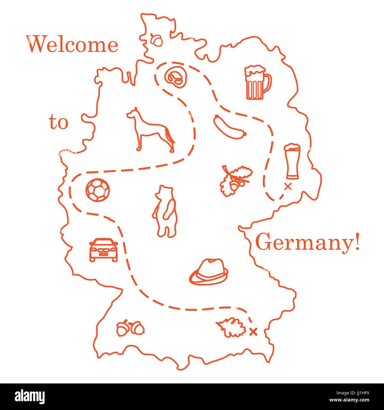 Vector Illustration mit verschiedenen Symbolen in Deutschland. Reisen und Freizeit. Design für Banner, Poster oder Drucken. Stock Vektor