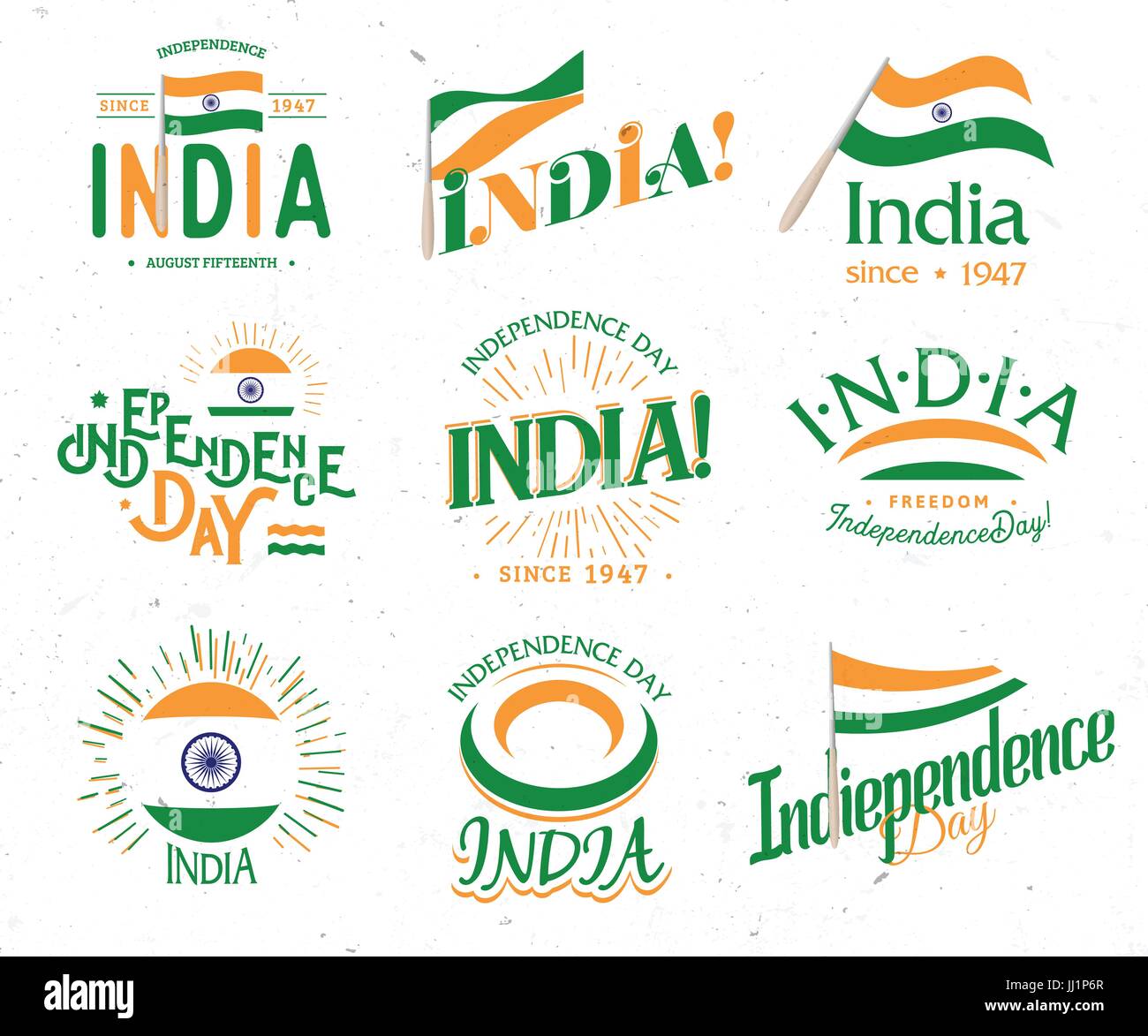 Tag der Unabhängigkeit Indiens von der britischen Empire set von Vektor-Retro-Stil-Logos. Universelle Sammlung von Logos für gesetzliche Feiertage in der indischen Republik Stock Vektor